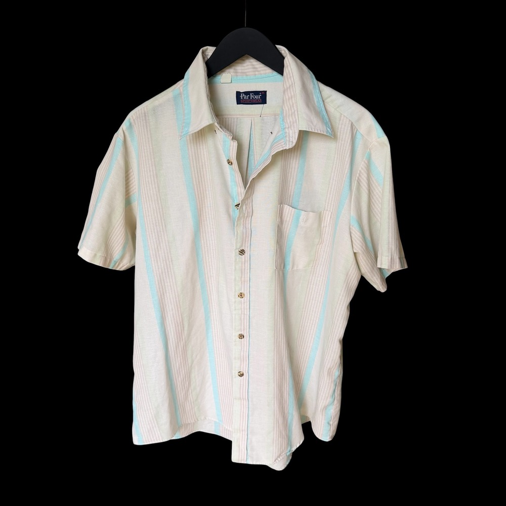 70's Par Four Sportswear XL Short Sleeve Button Down Shirt Striped Pastel Cream
